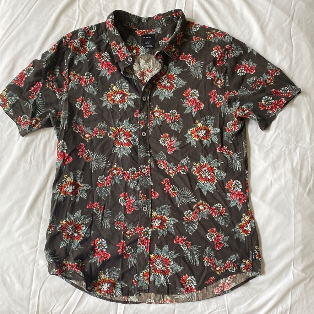 RVCA Red and Green Casual Button Down Shirt